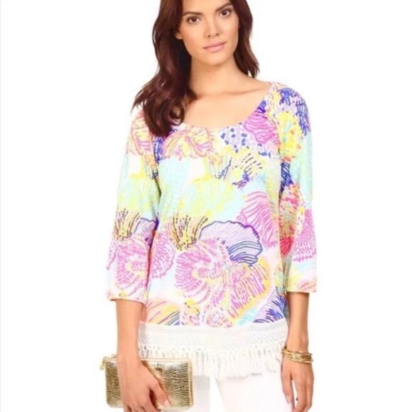 Lilly Pulitzer Alia Fringe Tunic Top Size XS Roar of the Seas Pink & Green - Picture 1 of 12